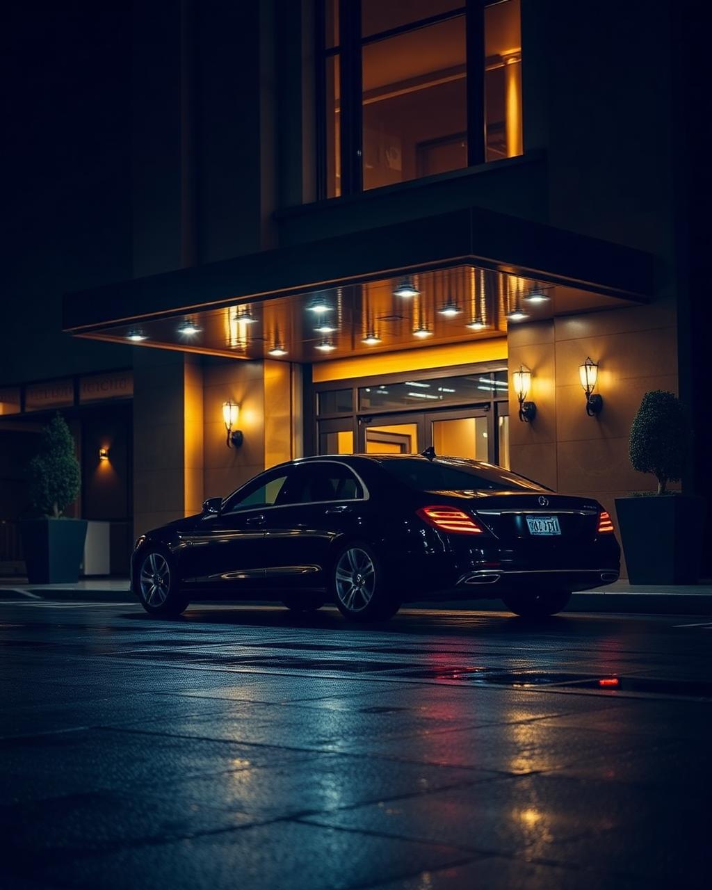 A black sedan waiting at the entrance of Dimes Cabaret at night